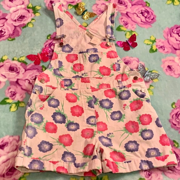 Vtg 90’s White Denim Overalls Pink Purple Flowers - Picture 7 of 9